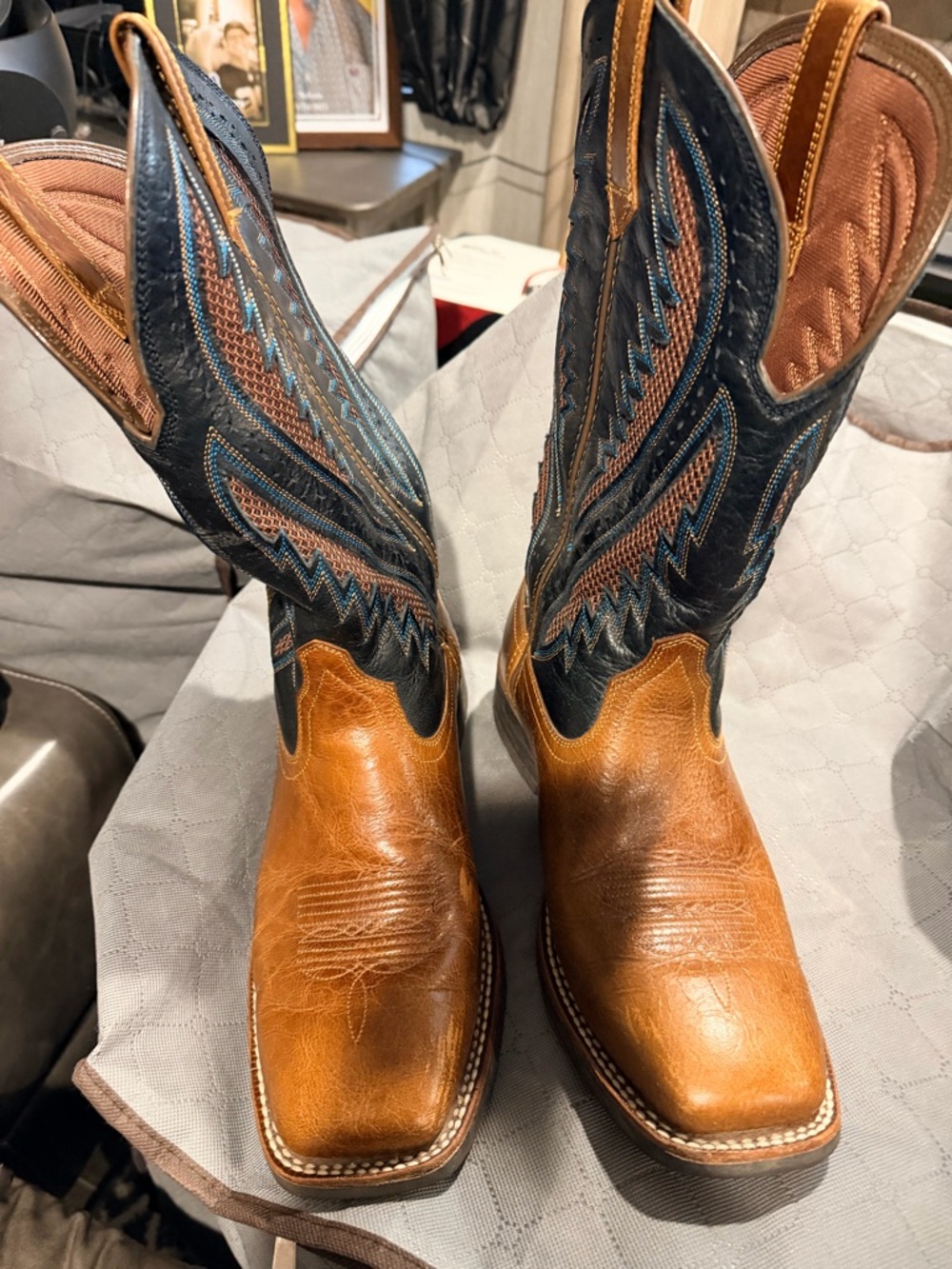 Ariat Tan Leather Foot Western Boots with Black and Blue Stitching